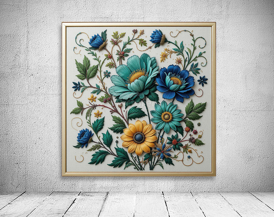 Exquisite Hand-Embroidered Floral Artwork – Vibrant Botanical Textile Art Wall Preview
