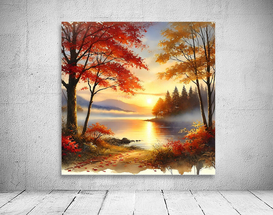 Tranquil Autumn Sunrise Over a Misty Lake Wall Preview
