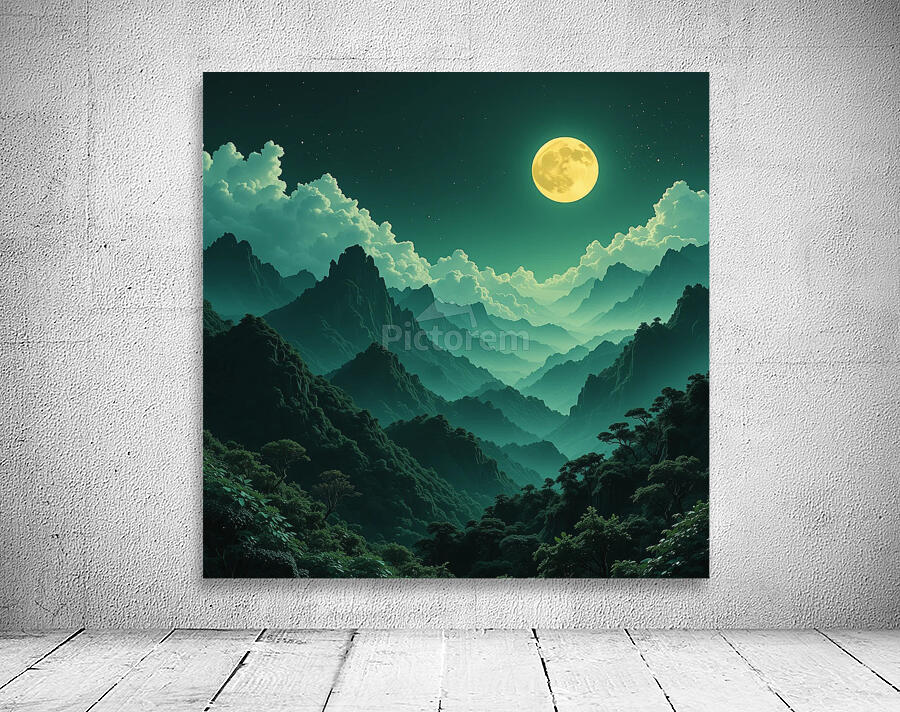 Mystical Full Moon Over a Majestic Mountain Landscape at Night Wall Preview