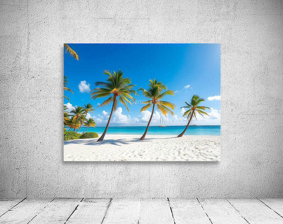 Tropical Paradise: White Sand Beach with Swaying Palm Trees and Yachts Wall Preview