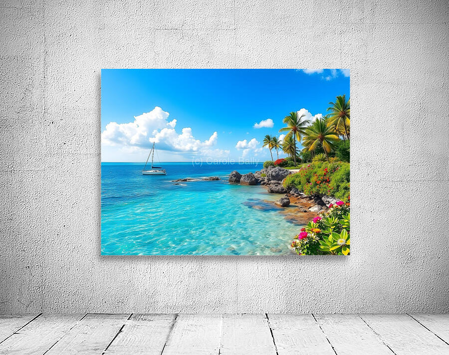 Tropical Paradise with Turquoise Waters Palm Trees and a Sailing Yacht Wall Preview