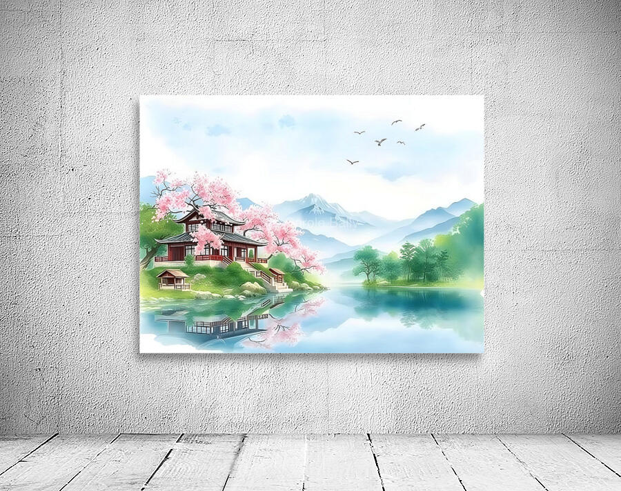 Tranquil Japanese Garden with Cherry Blossoms and Mountain Lake Wall Preview