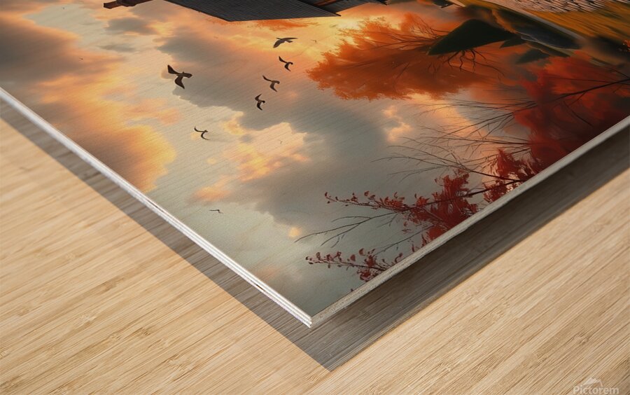 Idyllic Autumn Cottage by the Stream – Dreamlike Sunset Landscape Wood print