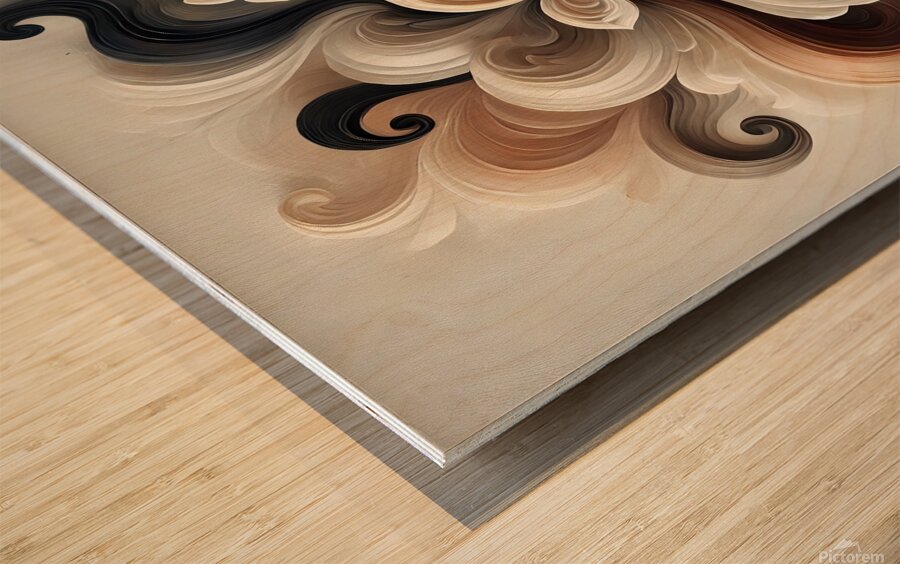 Elegant Abstract Floral Painting – Beige Brown & Black Swirling Artwork Wood print