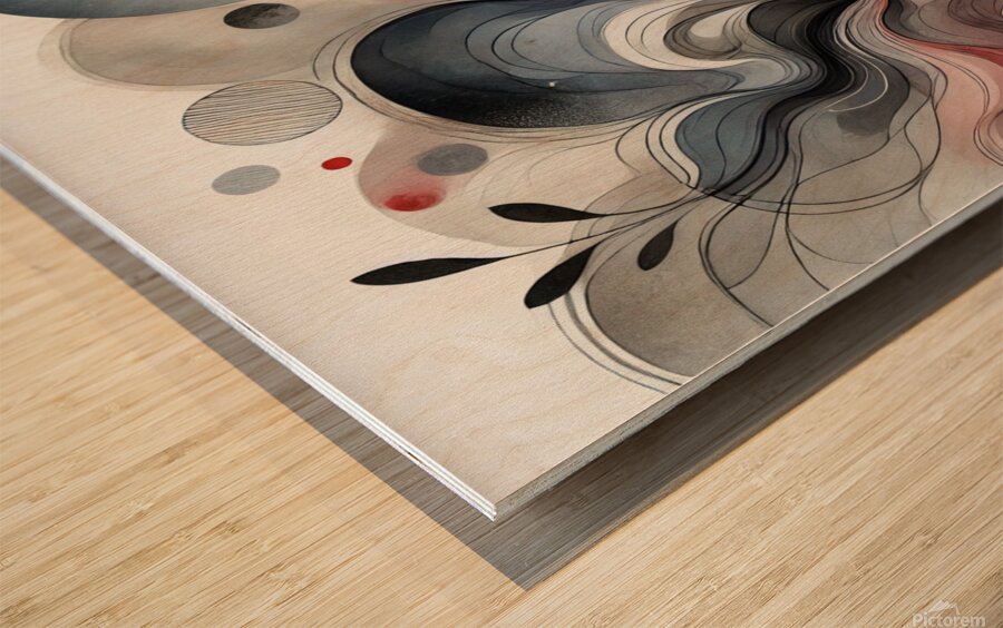 Modern Abstract Painting with Red Black and Gray Fluid Shapes Wood print