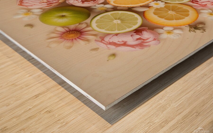 Vibrant Citrus and Floral Flat Lay – Aesthetic Fruit and Flowers Composition Wood print