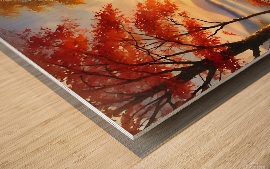 Tranquil Autumn Sunrise Over a Misty Lake Wood print