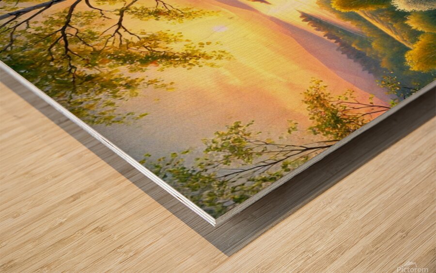 Serene Spring Sunset Over a Blooming Landscape Wood print