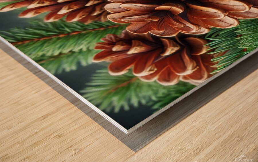 Close-Up of Pine Cones and Evergreen Branches – Nature’s Rustic Beauty Wood print