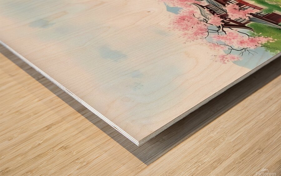 Tranquil Japanese Garden with Cherry Blossoms and Mountain Lake Wood print