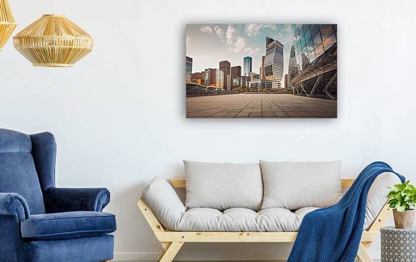 a wall art of a city skyline with modern building by Velora Art