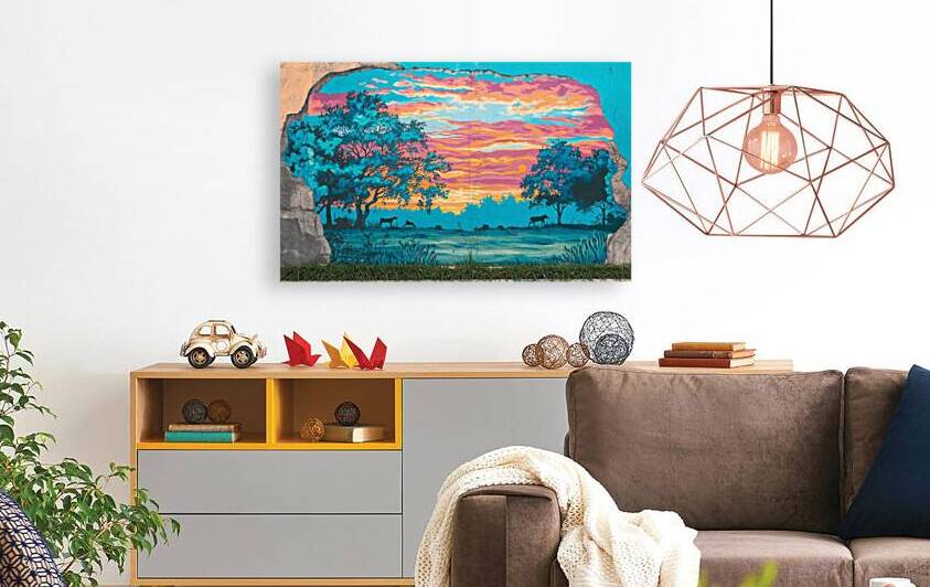 a wall art mural of a vibrant sunset over a seren by Velora Art