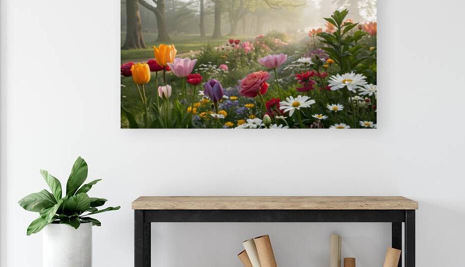 Morning Glow in a Flower Garden by Velora Art