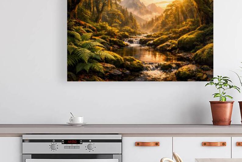 Golden Hour Rainforest Stream - Biophilic Fine Art Photography Print by Velora Art