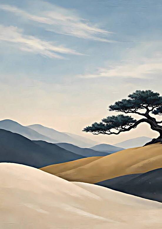 Serene Horizon: Biophilic Japandi Landscape Canvas Print by Velora Art