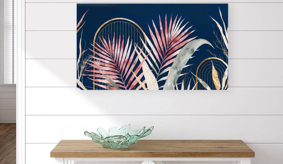 Golden Arch Botanicals — Modern Abstract Tropical Palm Wall Art | Navy Gold Dusty Rose & Sage Contemporary Fine Art Print by Velora Art