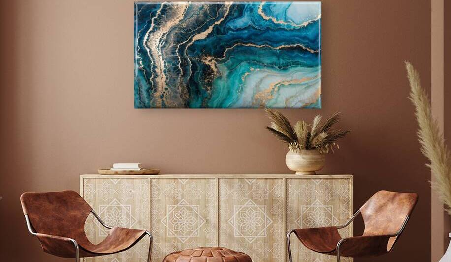 Abstract Blue Gold Fluid Art by Velora Art