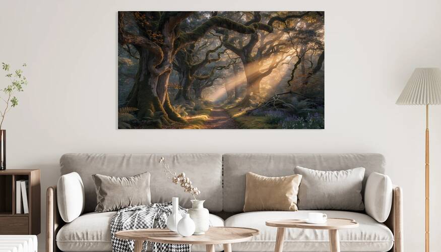 Ancient Forest Path — Sunlight Through Autumn Trees by Velora Art