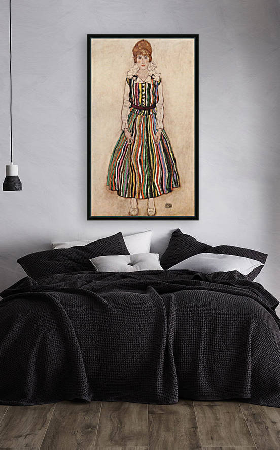 Portrait of Edith Schiele in a striped dress by Schiele