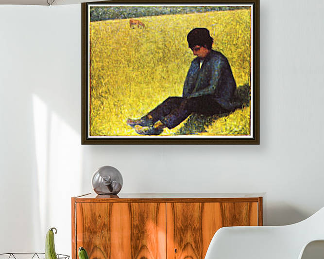 Boy sitting on a lawn by Seurat