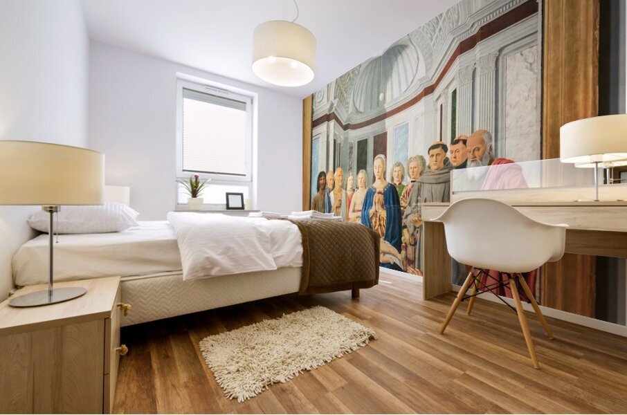 Madonna and child with saints angels and Federico da Montefeltr Mural print