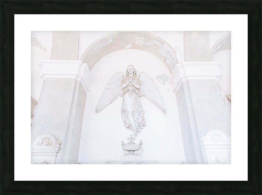 Ancient statue of angel in Italian old cemetery. Religious sculp Picture Frame print