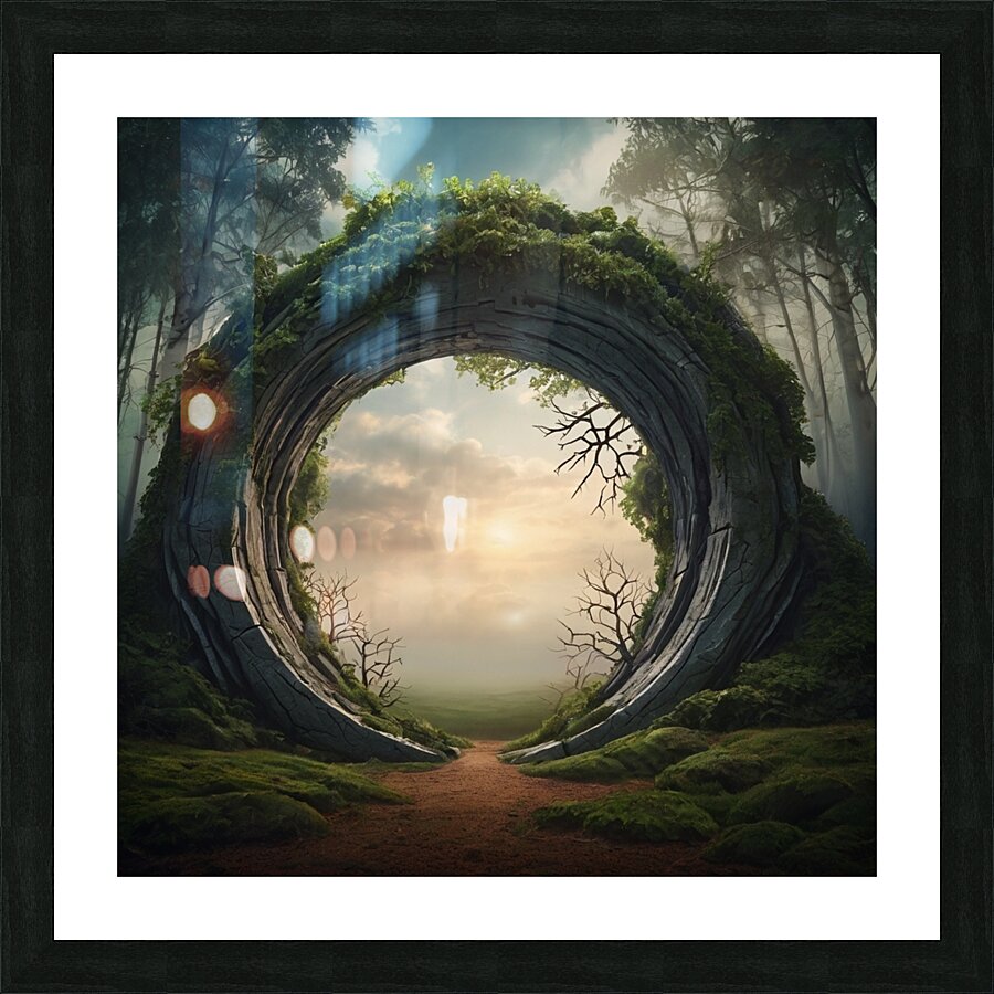 Surreal background depicting a huge portal opening into a fantasy world. The portal is made of intertwined trees Picture Frame print