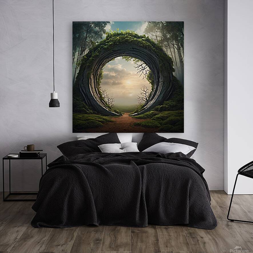 Surreal background depicting a huge portal opening into a fantasy world. The portal is made of intertwined trees Reproduction