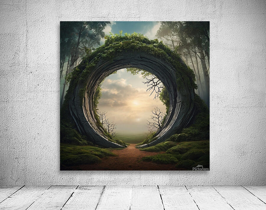 Surreal background depicting a huge portal opening into a fantasy world. The portal is made of intertwined trees Wall Preview