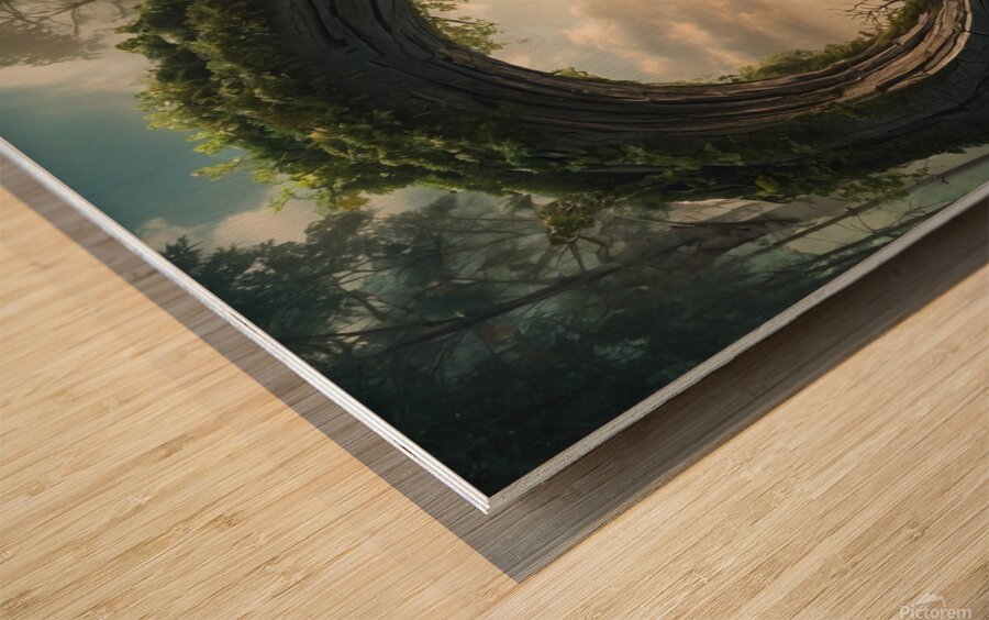 Surreal background depicting a huge portal opening into a fantasy world. The portal is made of intertwined trees Wood print