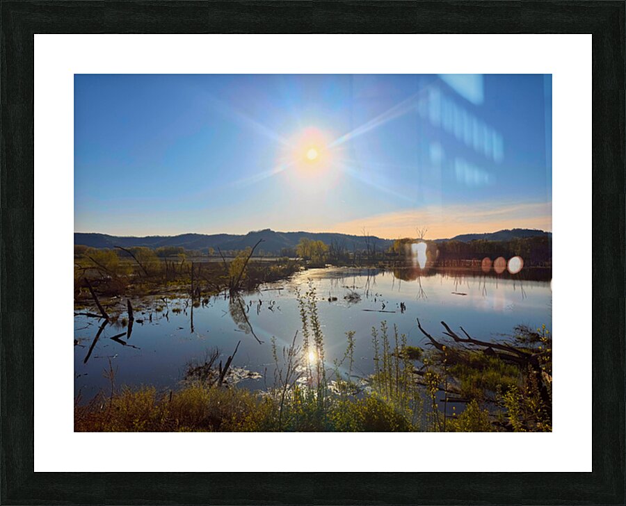 Sunrise Over Tranquil Wetlands with Sunbeam Reflection Picture Frame print