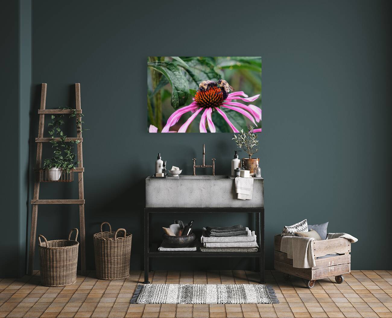 Dual Architects of Life on a Coneflower Stage Reproduction