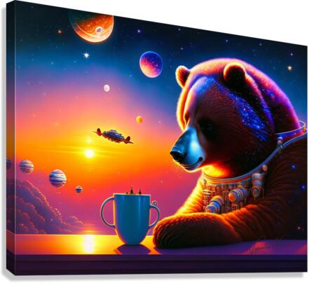 Bear drinking coffe in deep space Canvas Print