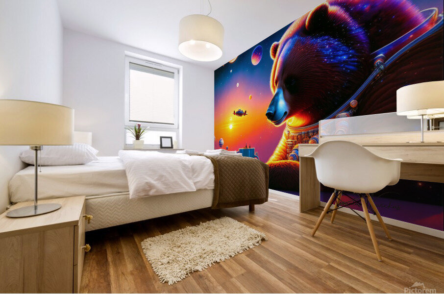 Bear drinking coffe in deep space Mural print