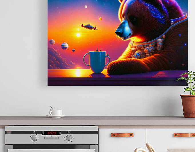 Bear drinking coffe in deep space by navickas