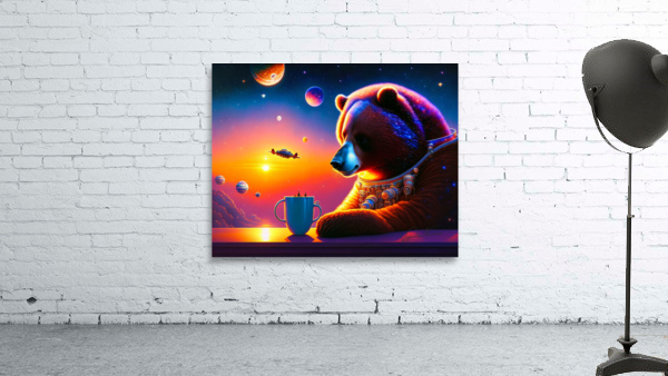 Bear drinking coffe in deep space Wall Preview
