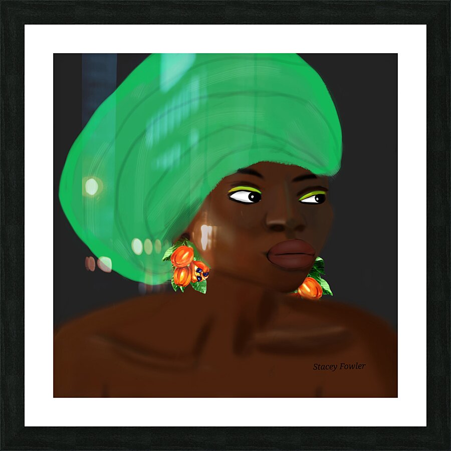Jamaican Woman in Green Head Wrap with Ackee Earrings Picture Frame print