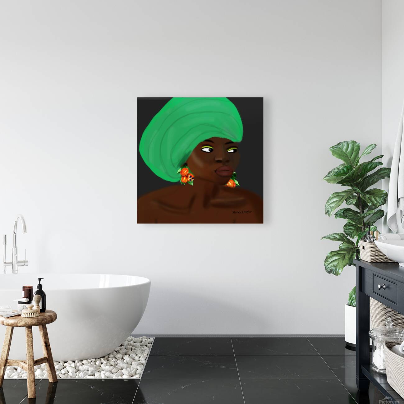 Jamaican Woman in Green Head Wrap with Ackee Earrings Reproduction