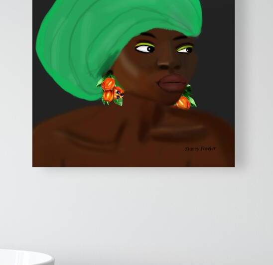 Jamaican Woman in Green Head Wrap with Ackee Earrings by Stacey Fowler Creations
