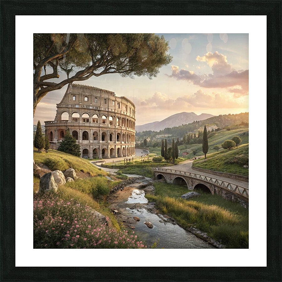 Colosseum in Rome Canvas Print or Wall Clock - Hyper-Realistic 3D Art with Golden Hour Glow Picture Frame print