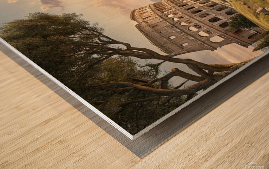Colosseum in Rome Canvas Print or Wall Clock - Hyper-Realistic 3D Art with Golden Hour Glow Wood print