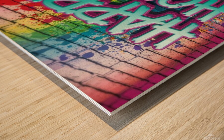  colorful graffiti-style image. The focal point is the bold eye-catching letters HAPPY HOME Wood print