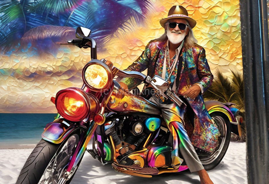 Old Hippie On His Motorcycle On Naples Beach by Magikheart Wall Art