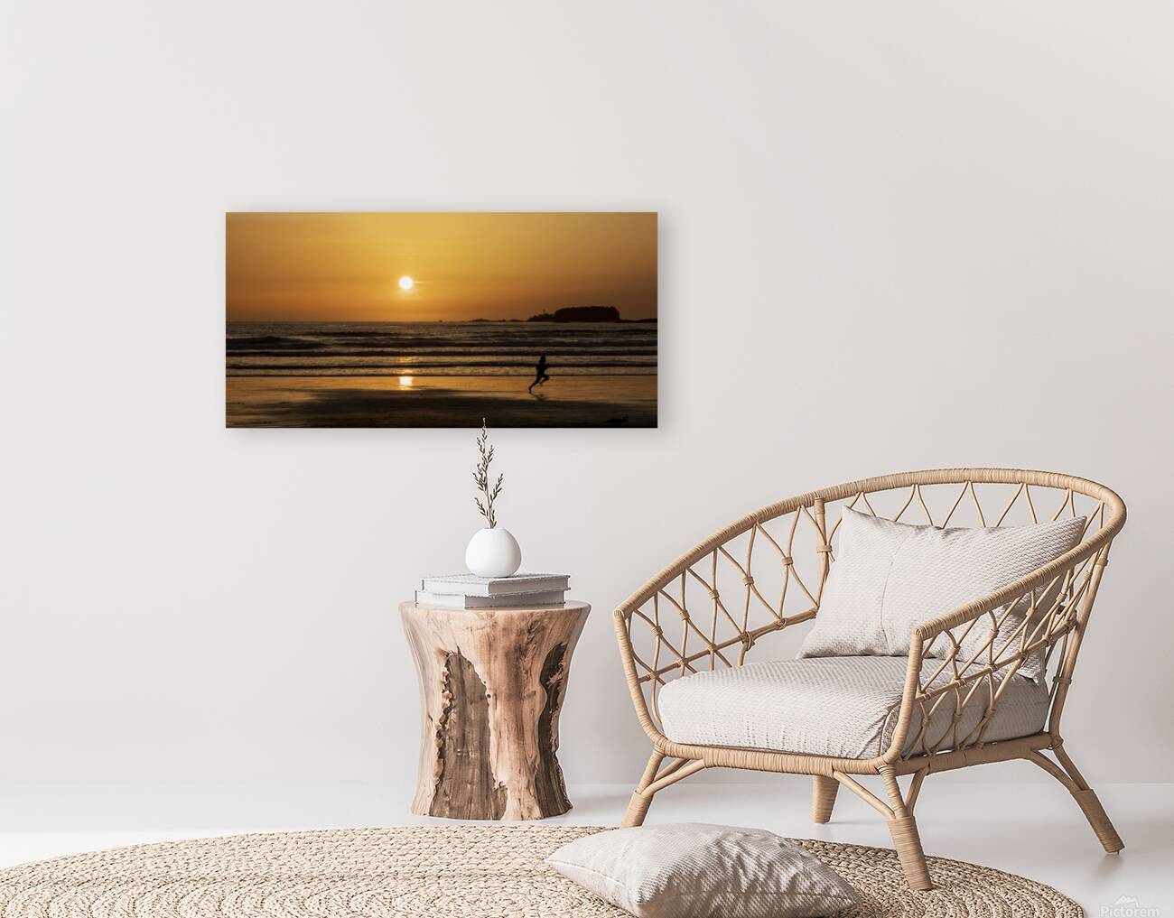Man running along the beach at sunset  Reproduction