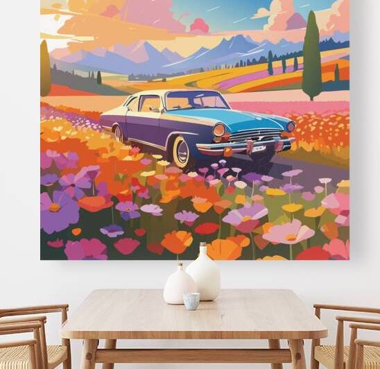 Vintage Car Driving Through Floral Fields at Sunset by ArtoVenture