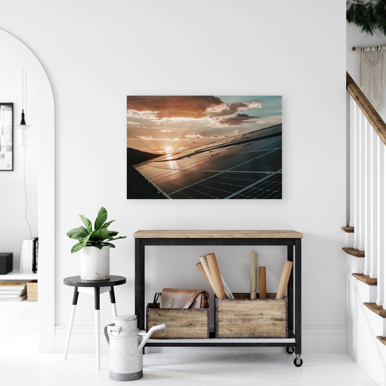 view of a solar photovoltaic cell panels under su Reproduction