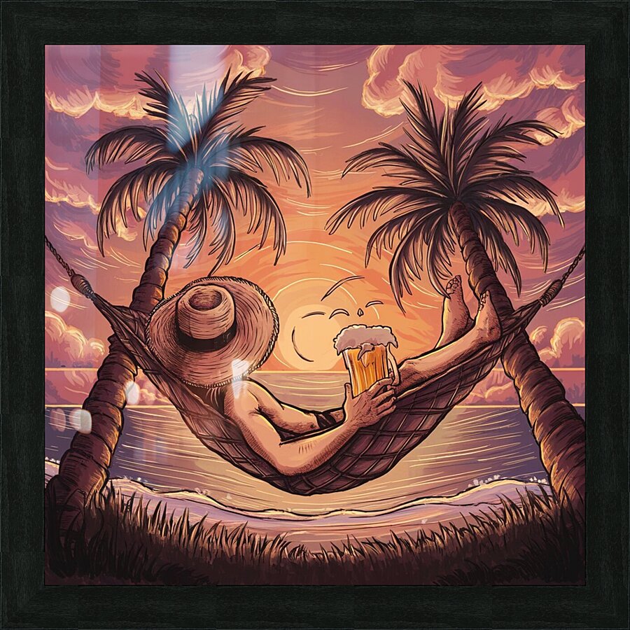 For a stunning sunset it shows a figure lying in a hammock between two coconut trees. Picture Frame print