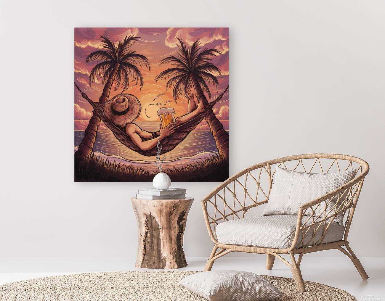 For a stunning sunset it shows a figure lying in a hammock between two coconut trees. Reproduction