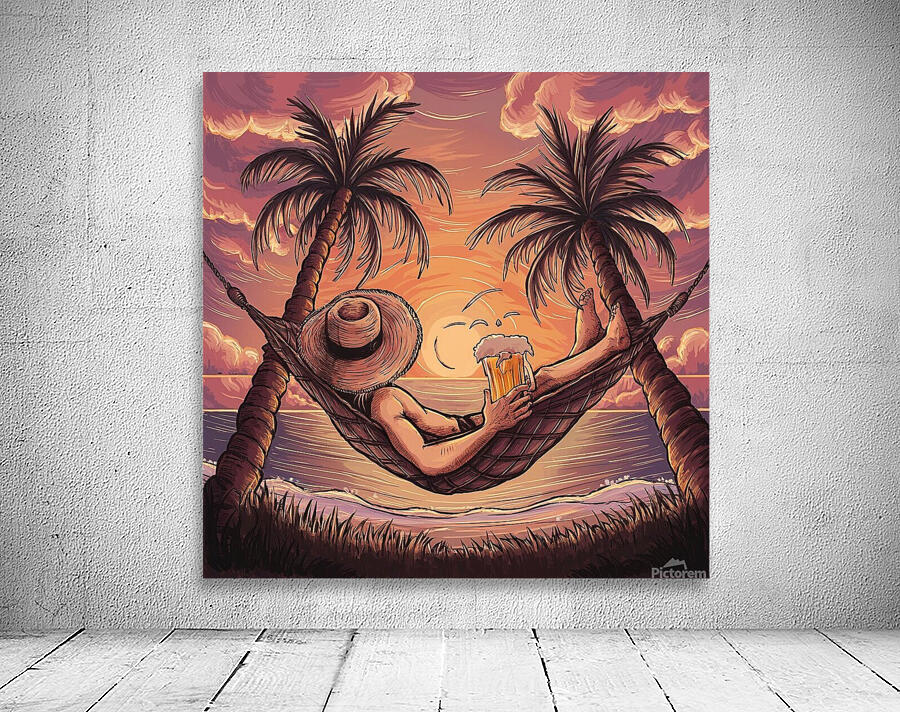 For a stunning sunset it shows a figure lying in a hammock between two coconut trees. Wall Preview