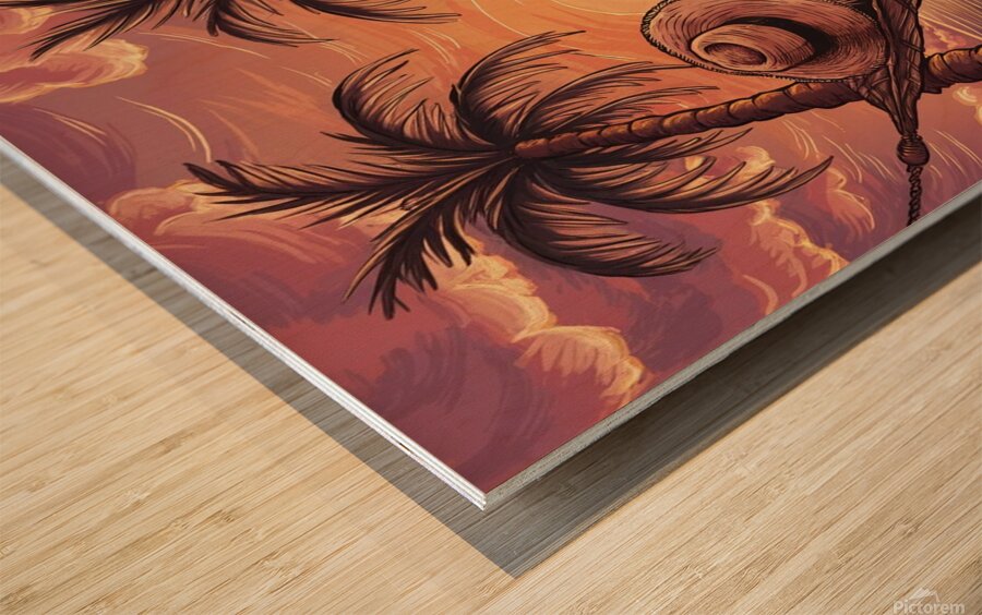 For a stunning sunset it shows a figure lying in a hammock between two coconut trees. Wood print